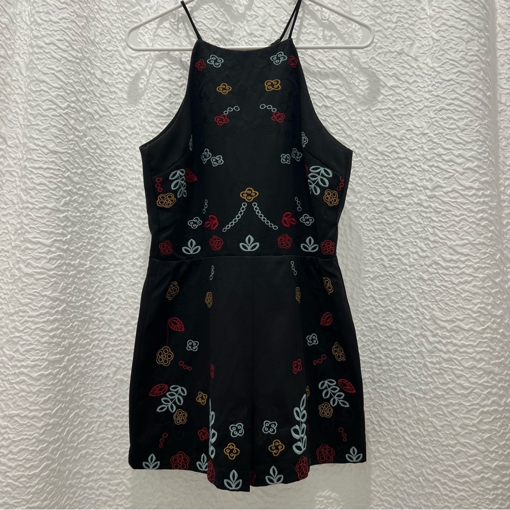 J.O.A. Embroidered Black Satin Romper